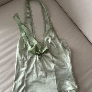 Kimchi Blue Sage Green Lace-Trim Halter Chemise
